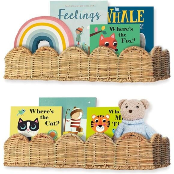 Set of 2 rattan nursery wall shelves wicker floating bookshelf kids room decor - Picture 1 of 7